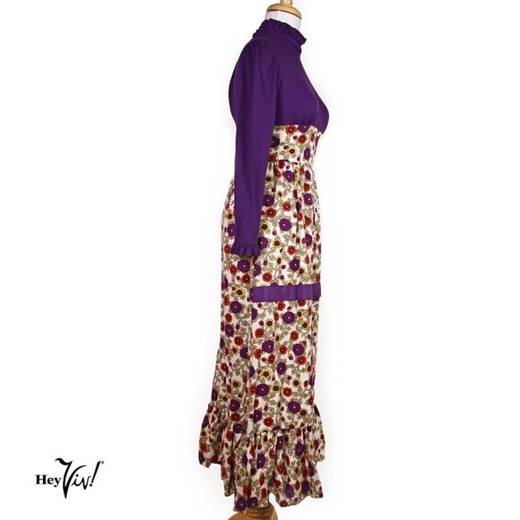Vintage 70s Maxi Dress Purple Top with Ruffled Flower Skirt XS B32 W24 - Hey Viv - Picture 3 of 6